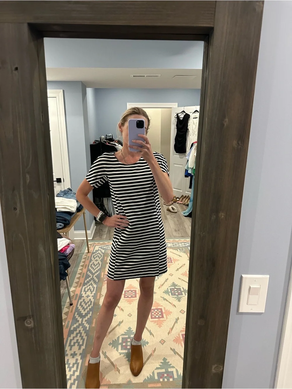 J. Crew Black and White Striped Short-Sleeve Shift Dress